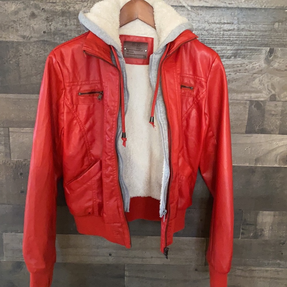 Fun Red BB Winter Jacket with Gray Sweatshirt Hood - Picture 6 of 8